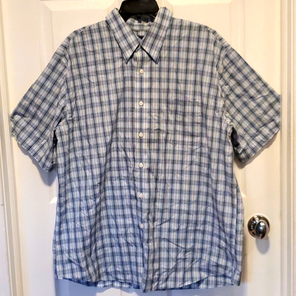 Dockers Men's Gray/Blue Plaid Button Down Short Sleeve Shirt- SizeXL, 17-17 1/2